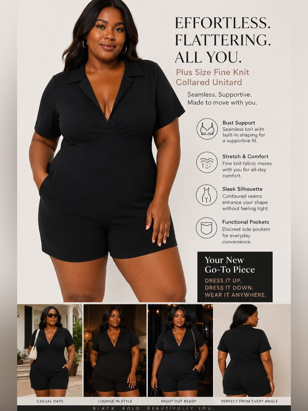 Plus Size Fine Knit Collared Unitard 
(3X-4X) - Black